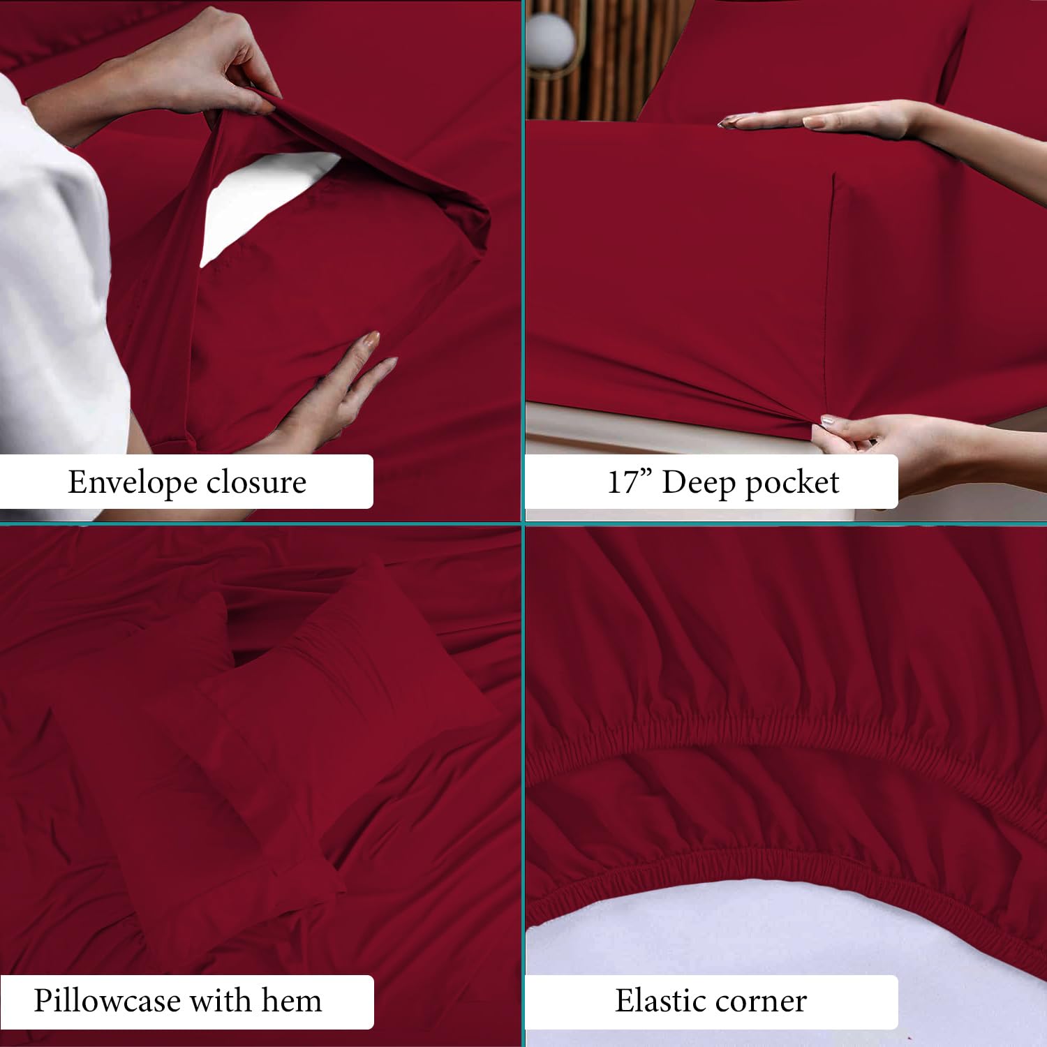 Bunny's Home Burgundy Twin Sheet Set - 4 Piece Breathable Egyptian Cotton Bedding with 17