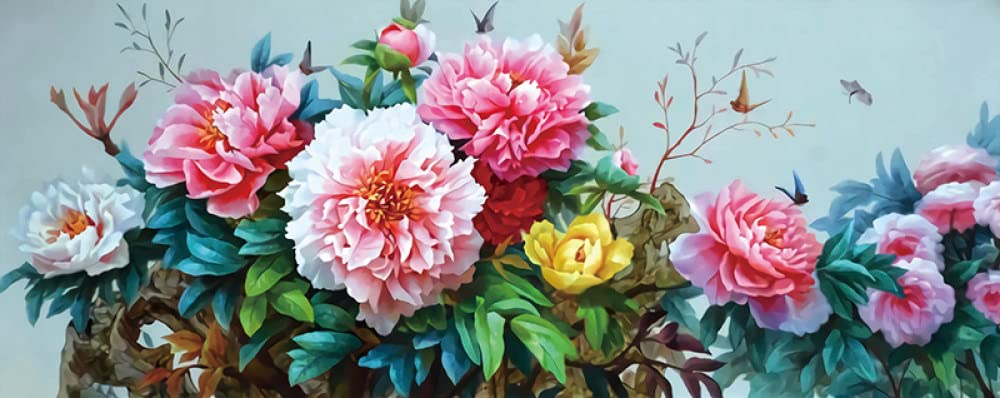 QUNLIPAI Peony Flower Cross Stitch Kit - 11CT Printed Fabric Counted Embroidery Set with 11CT Cotton (195x84cm) - DIY Home Decor, Gift for Craft Lovers, Wall Art & Relaxation Activity