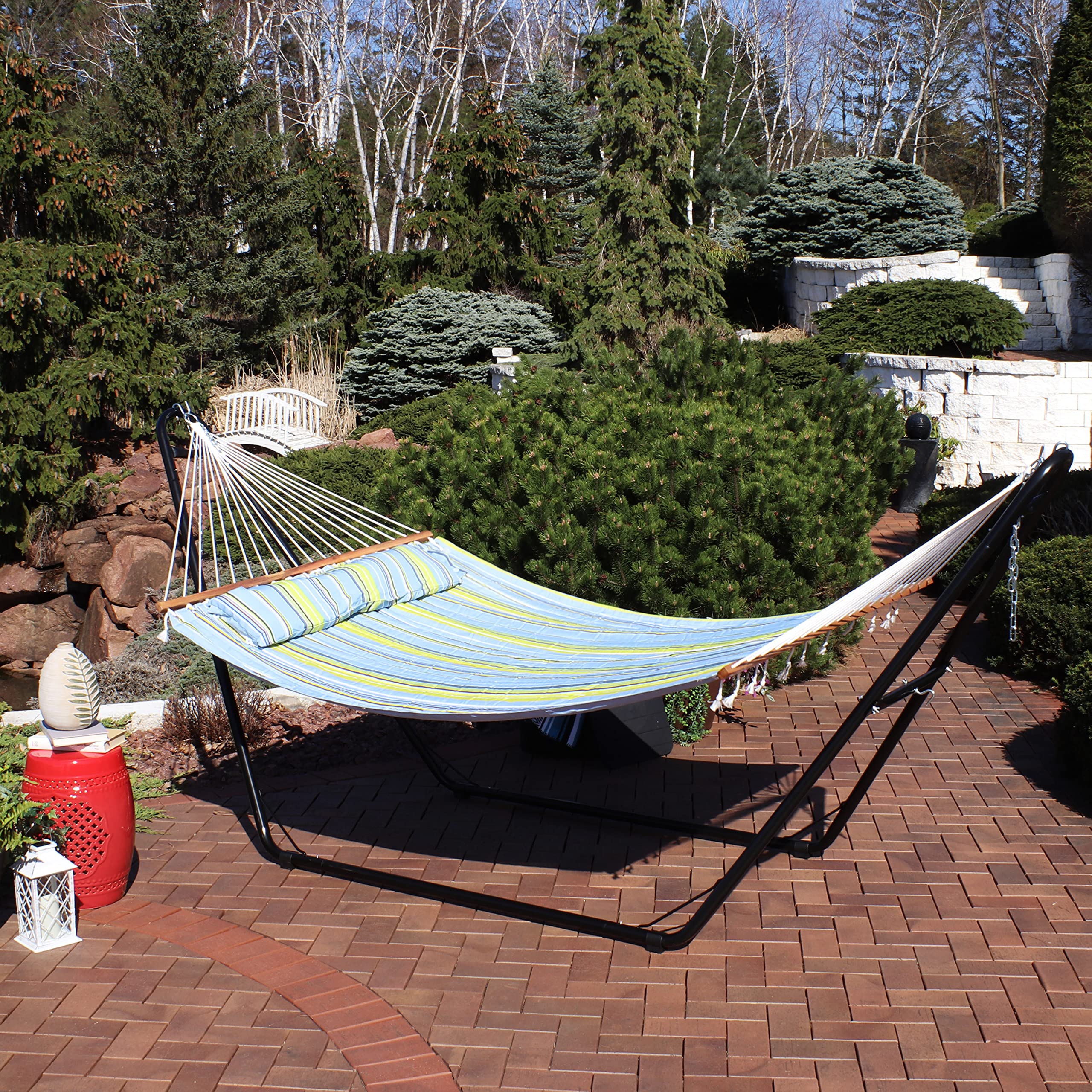 Sunnydaze Double Quilted Fabric Hammock with Universal Steel Stand - 450 lb Weight Capacity - Black Stand & Blue/Green Fabric - Perfect for Backyard, Patio, Camping & Outdoor Relaxation