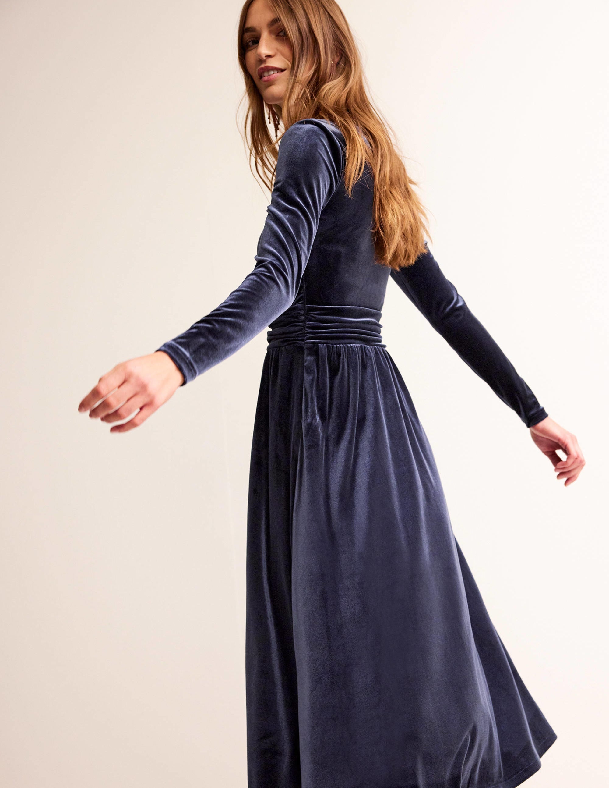 Abigail Women's Velvet Midi Dress - Navy Blue Elegant Formal Party Dress for Evening Events, Weddings & Holiday Parties