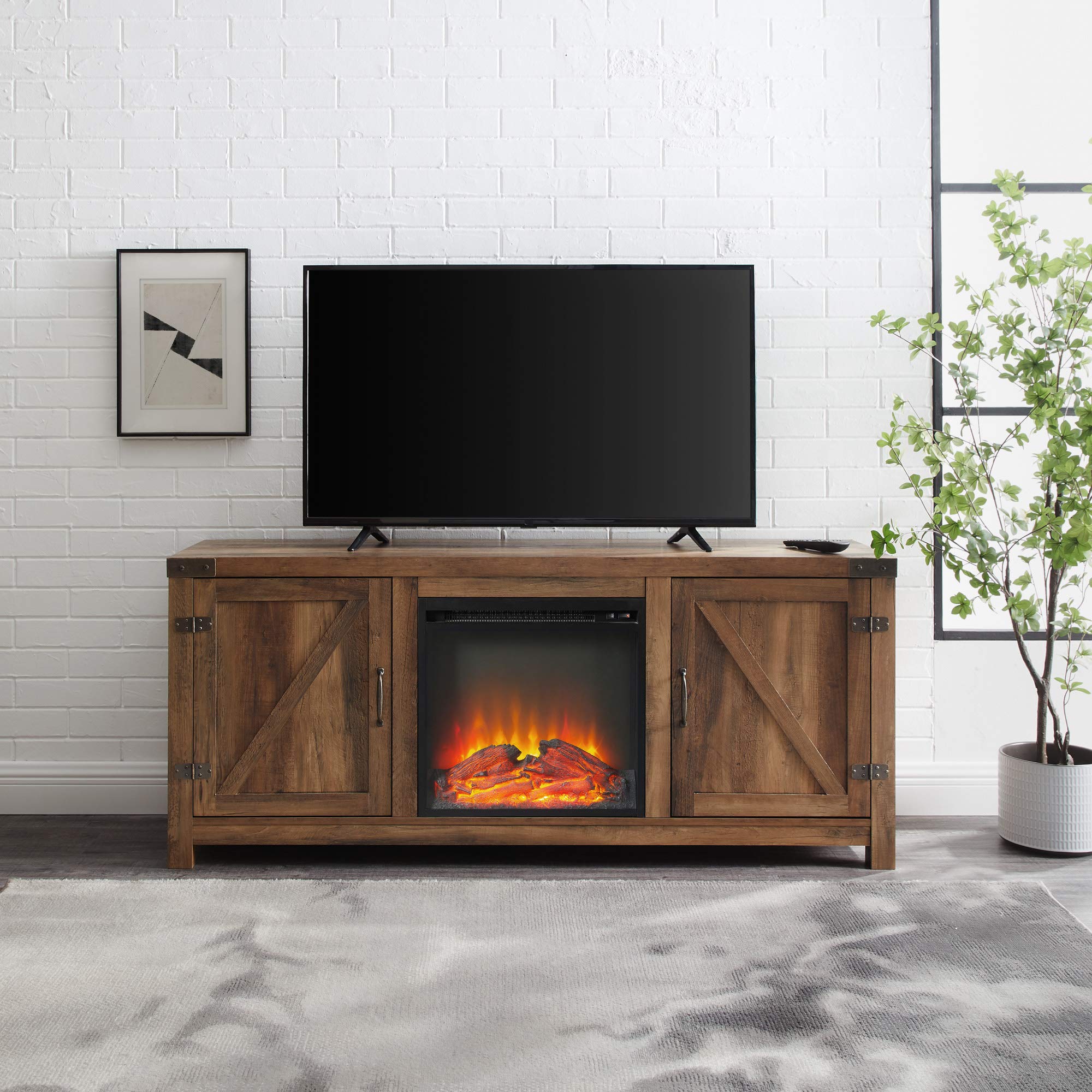 Walker Edison Georgetown Modern Farmhouse 65 Inch TV Stand with Double Barn Doors - Rustic Oak Finish TV Cabinet for Living Room, Bedroom & Home Theater
