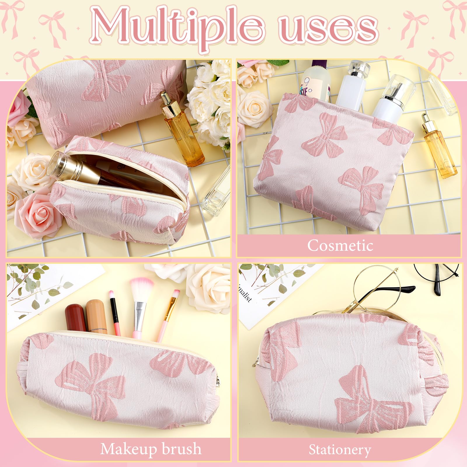 Reginary 3-Piece Pink Bow Makeup Bags Set - Cute Travel Cosmetic & Toiletry Organizer for Women (3 Sizes) - Perfect for Travel, Gym, and Daily Beauty Storage | Coquette Gift Accessories