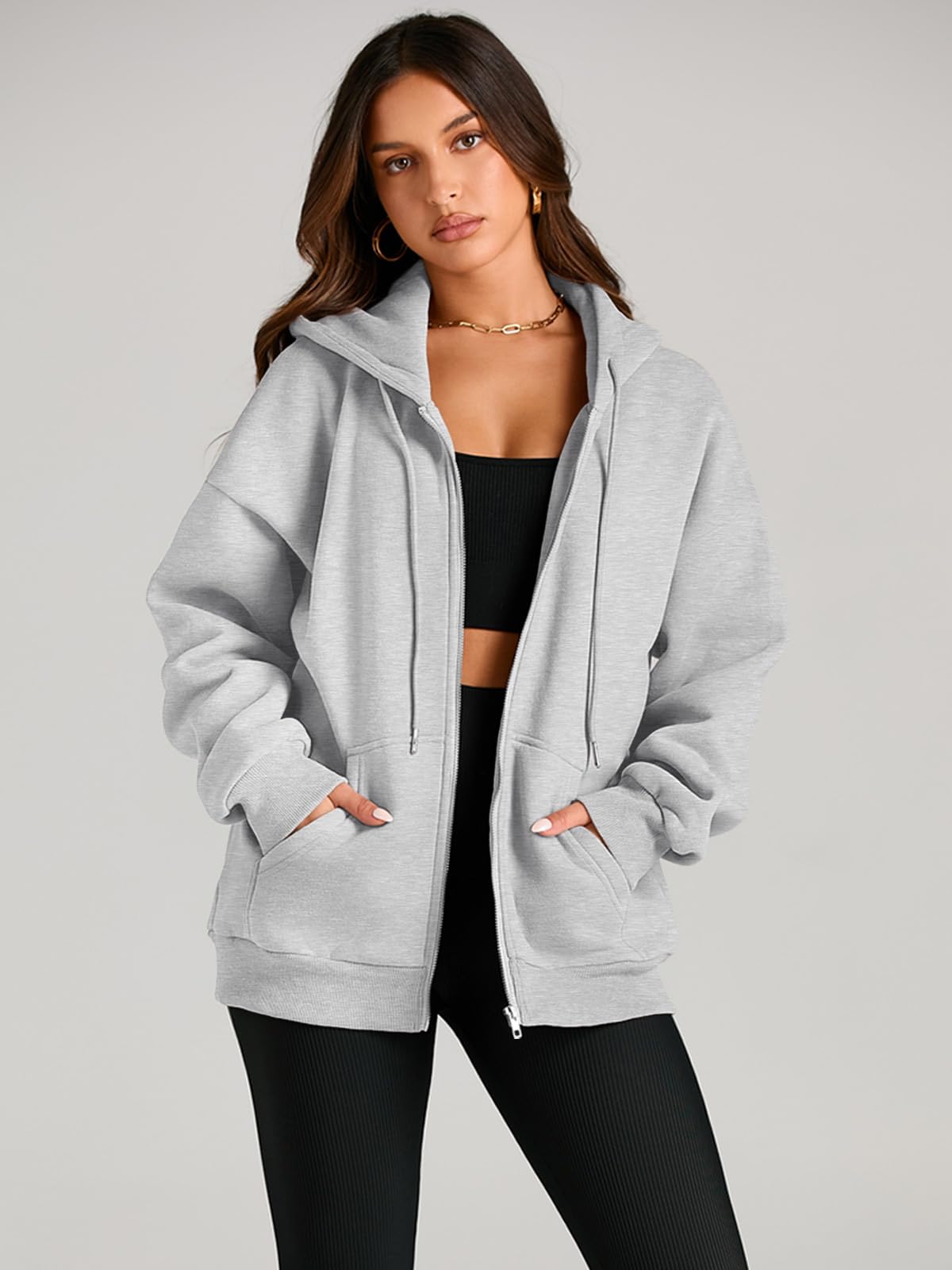 EFAN Women's Oversized Zip Up Hoodie with Drawstring & Pocket - Cute Fall Jacket Casual Sweatshirt for Streetwear, Lounge & Outdoor Activities