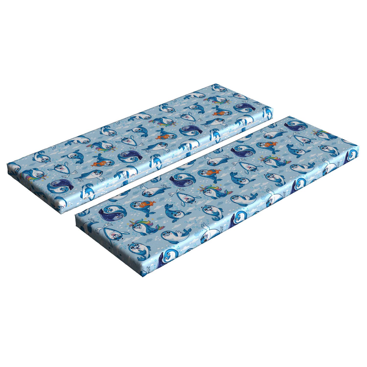 Ambesonne Sea Animals Bench Cushion Set of 2 - Seal Pup Aquatic Wildlife Design with Water Bubbles, Standard Size Foam Seat Pad & Decorative Cover in Blue, White & Marigold - Perfect for Outdoor Patio, Garden Bench or Indoor Window Seat Decor