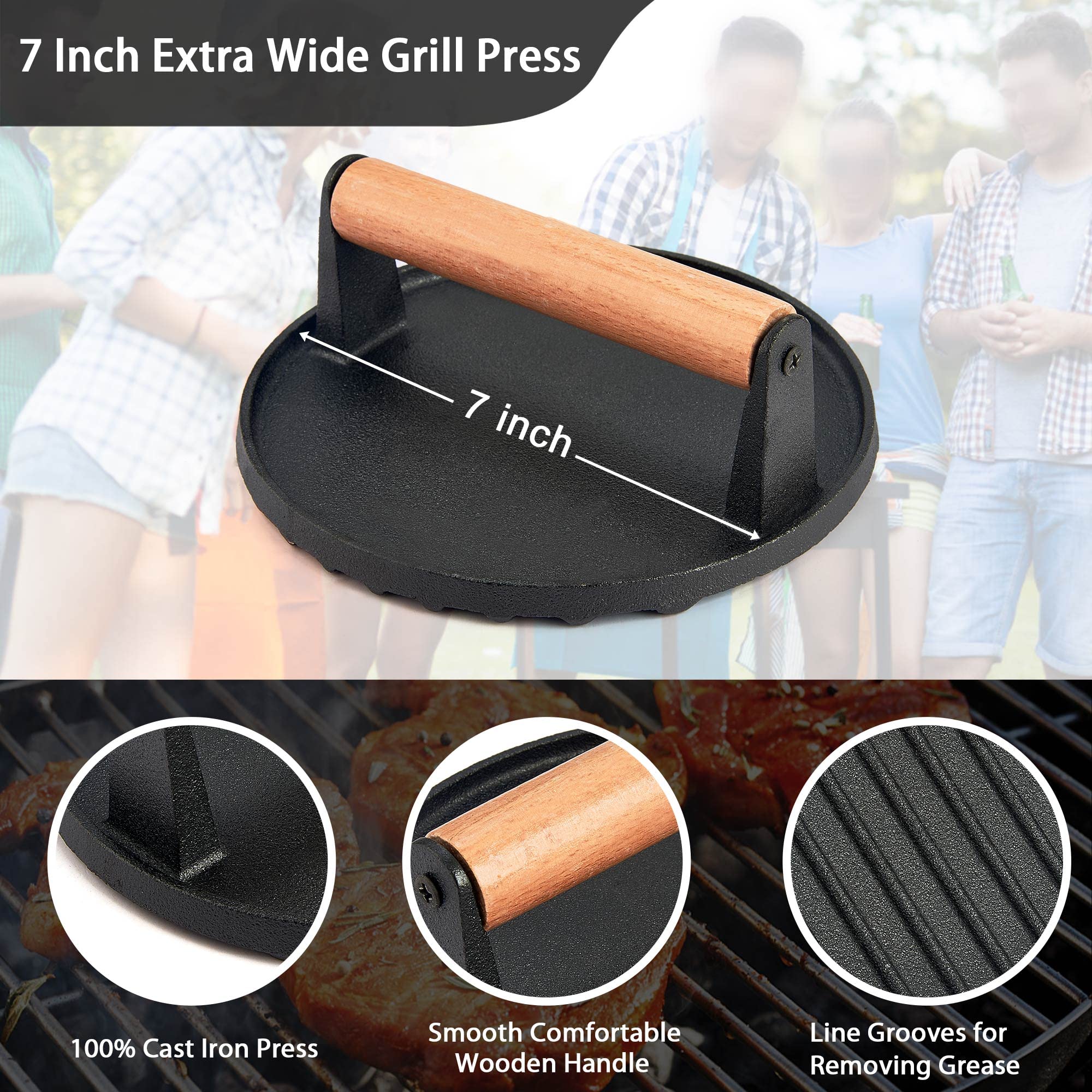 Leonyo 3-Piece Grill Press Set - 7 Inch Round Heavy Duty Cast Iron Burger Press with Ergonomic Wood Handle - Perfect for Smash Burgers, Griddle Cooking, Hamburgers, Steaks, Patties & Panini - Ideal for BBQ, Stovetop & Outdoor Grilling - Nonstick & Durable for Professional & Home Use