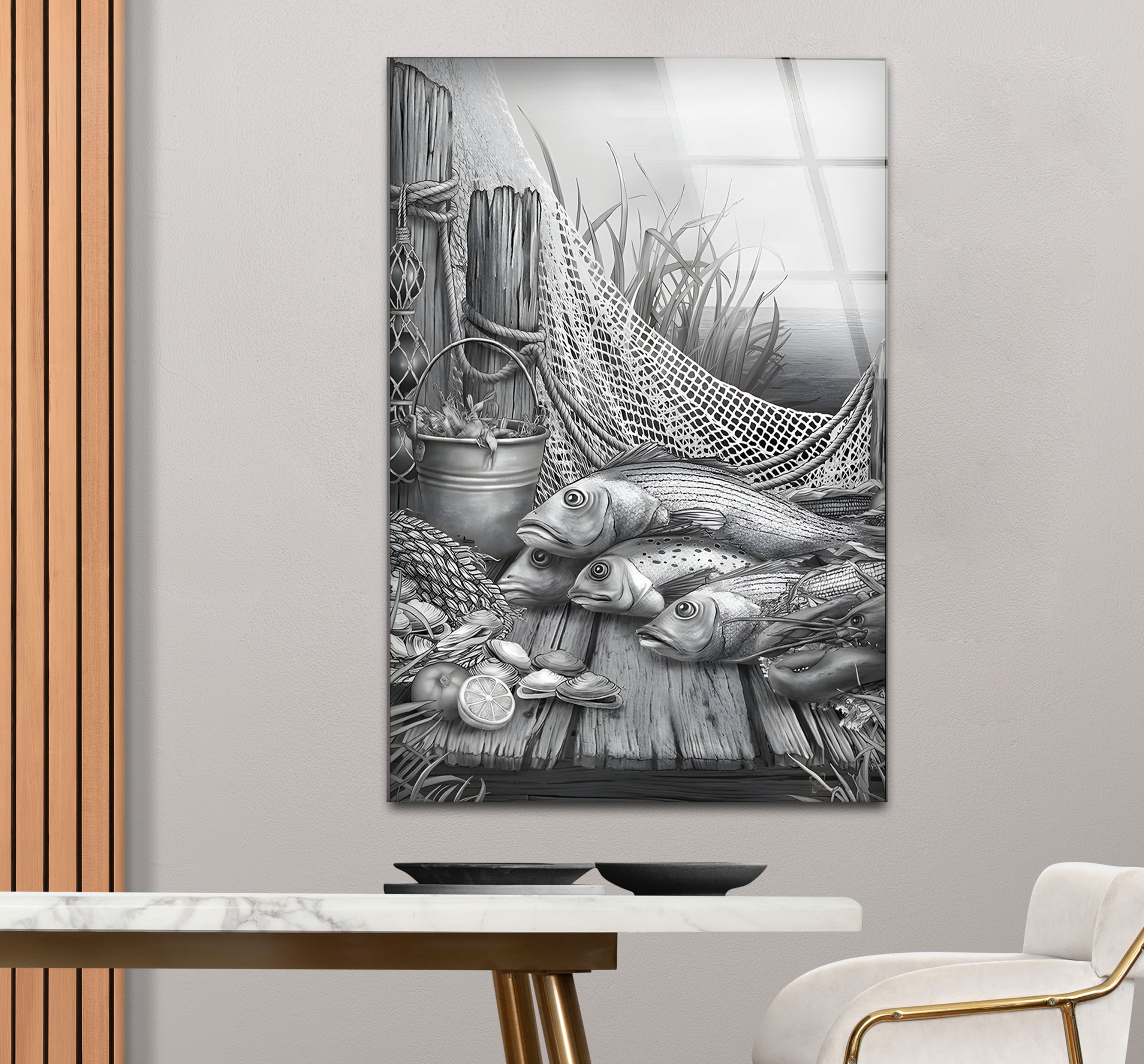 Black and White Fish Art Glass Wall Decor - Elegant Ocean-Themed Mural for Living Room, Bedroom & Office