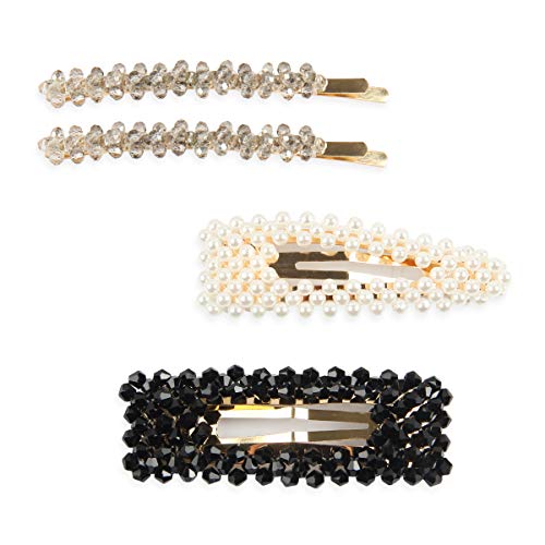 Sparkly Rhinestone & Pearl Bridal Hair Accessories Set - Wedding Statement Tiara, Gatsby Barrettes, Drape Headpiece for Bride, Goddess Crown, Princess Costume Jewelry (Crystal & Pearl Hair Set - Black) | Perfect for Weddings, Prom, Pageants, and Special Occasions