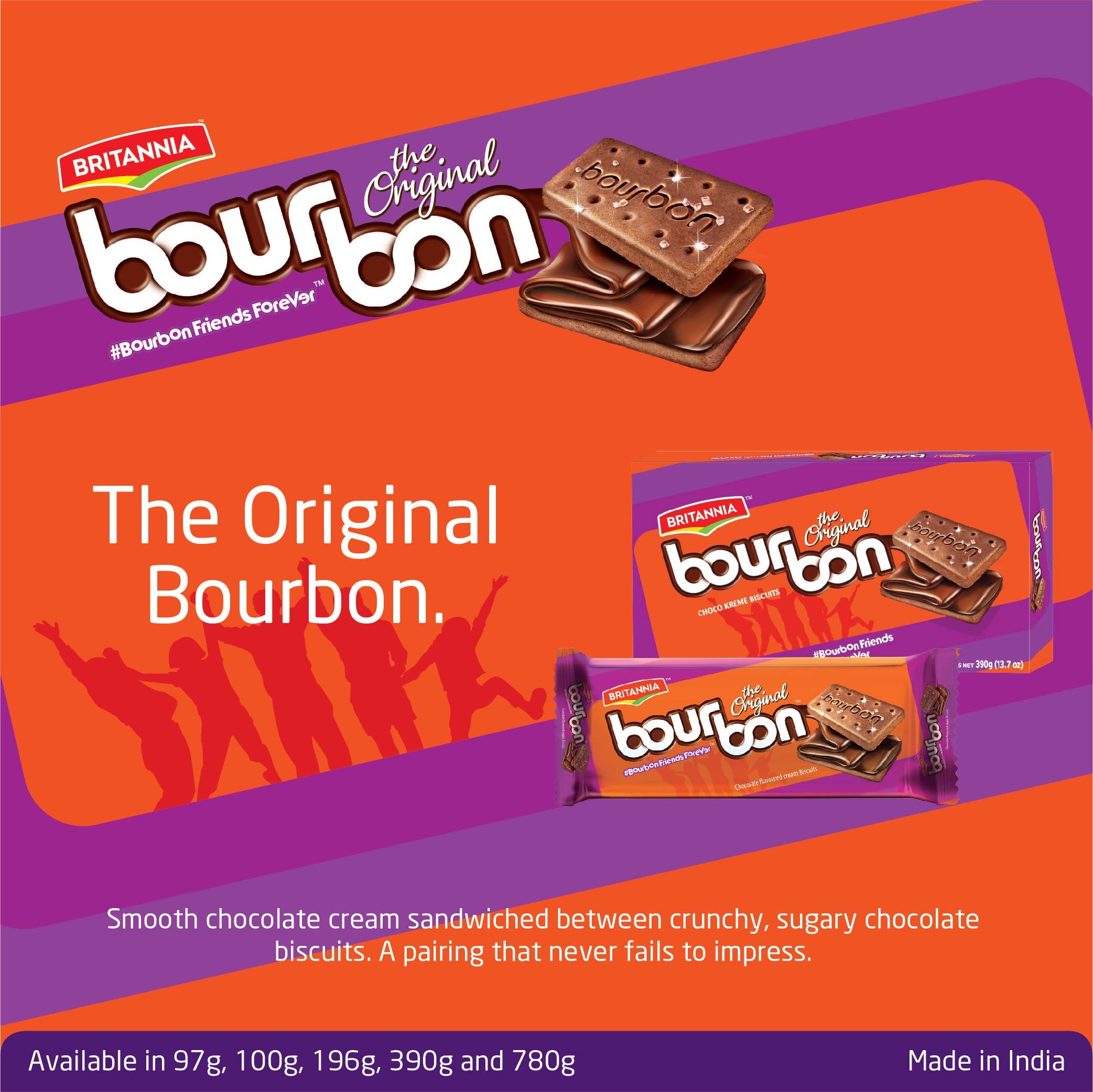 Britannia Bourbon Original Chocolate Cream Biscuits 6.91oz (196g) - Pack of 2 - Crunchy Cookies with Smooth Chocolate Filling & Sugar Topping - Perfect for Breakfast, Tea Time, Office Snacks & Kids Lunchboxes