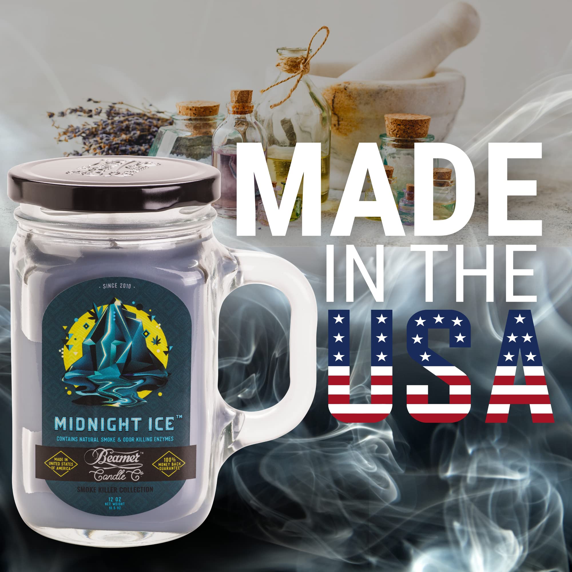 Beamer Candle Co. Midnight Ice Scented Candle - Cool Frosted Fragrance, Odor Eliminating, 12oz Mason Jar, 90-Hour Burn Time, 100% Made in USA - Perfect for Home, Office, Spa & Gift Giving