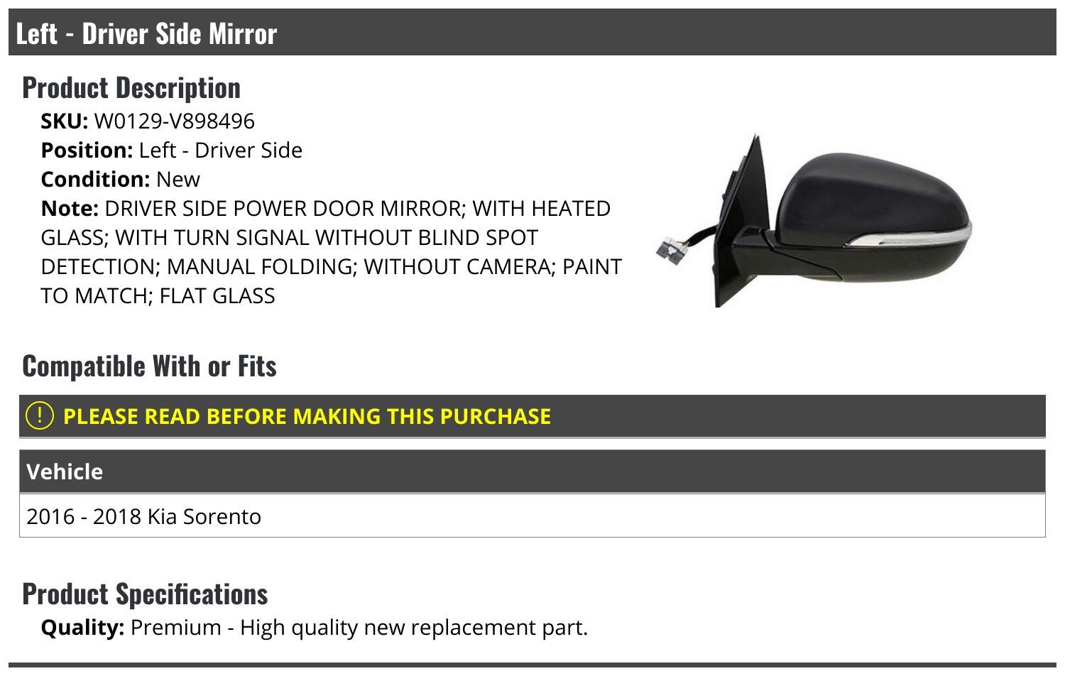 2016-2018 Kia Sorento Left Driver Side Power Mirror - Heated Glass, Turn Signal, Manual Folding, Paint to Match (No Camera/Blind Spot) | Replacement Mirror for Winter Driving & Enhanced Visibility