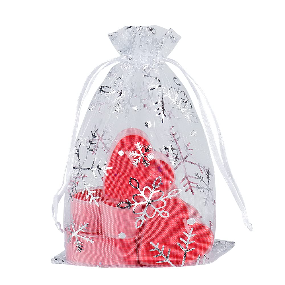 YQL 4x6 Inch Snowflake Organza Bags - 100PCS White Gift Pouches for Christmas, Jewelry & Weddings