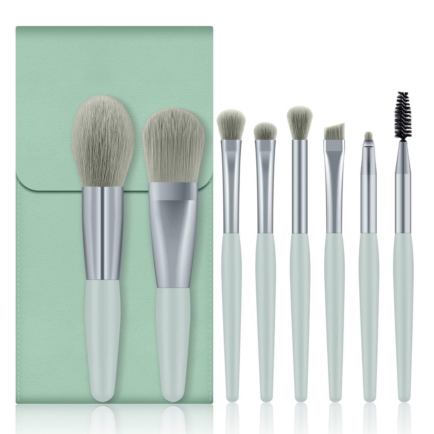 Premium 8-Piece Lite Green Makeup Brush Set for Foundation, Blush, Eyeshadow, Eyeliner, Lips & Brows | Professional Cosmetic Brush Kit with Travel Pouch | Perfect for Home, Travel & Professional Makeup Artists