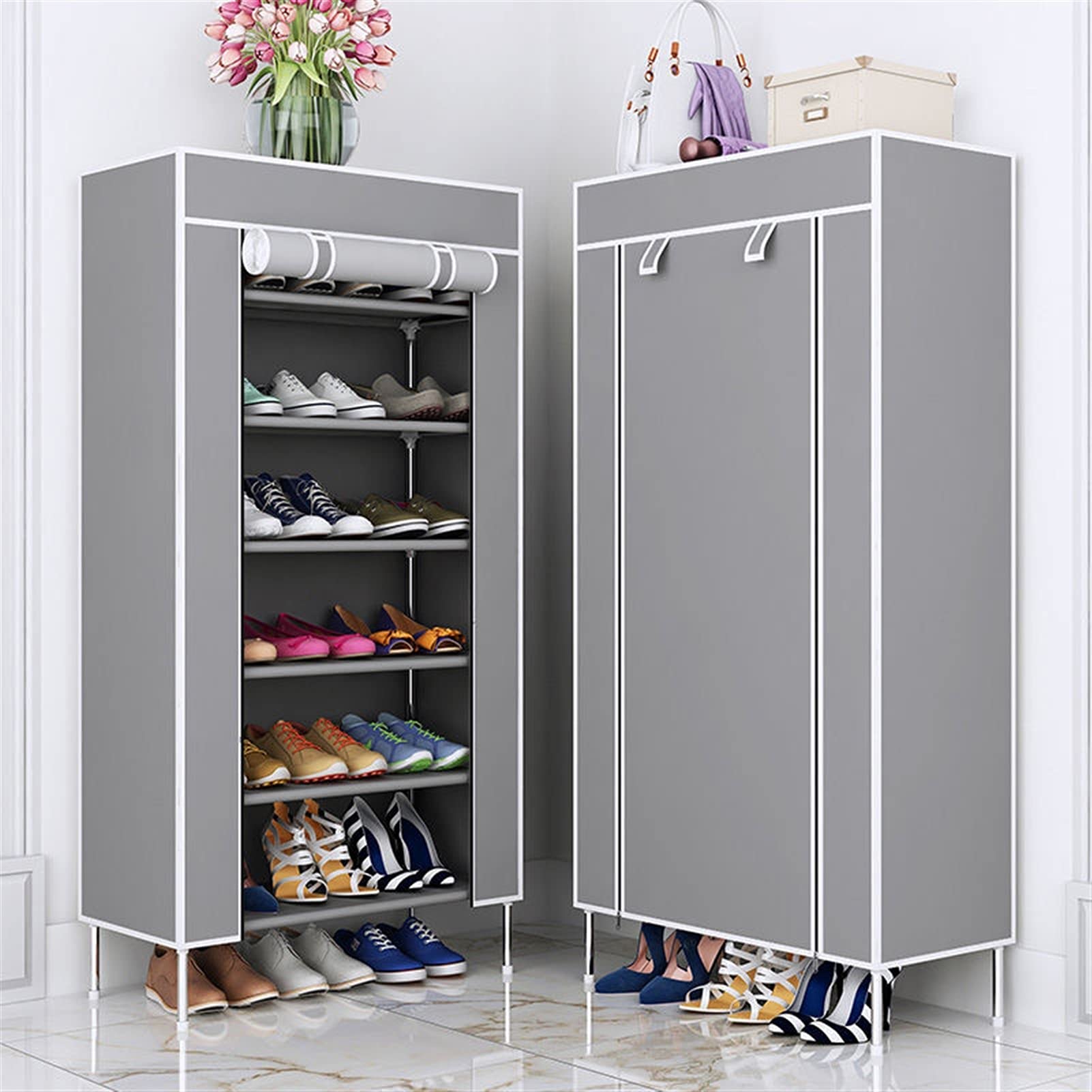 Adjustable Multilayer Shoe Rack Organizer - Non-Woven Fabric Space Saving Shoe Storage Shelf, Dust-Proof Cabinet for Home & Closet (Coffee, 7 Layers) - Perfect for Small Spaces, Entryways & Bedroom Organization