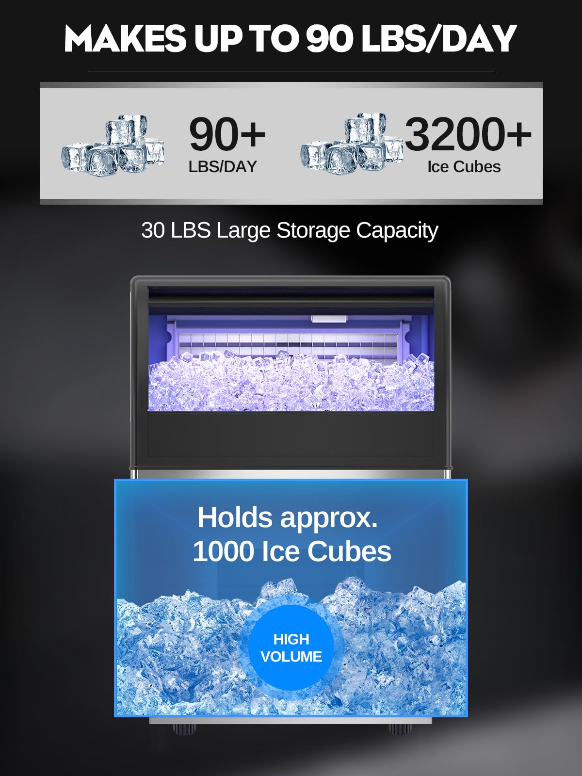 Commercial Ice Maker Machine - 90lbs Stainless Steel Countertop Ice Maker with 30lbs Storage, Freestanding Ice Machine for Restaurants, Bars, Home, RV & Outdoor Use