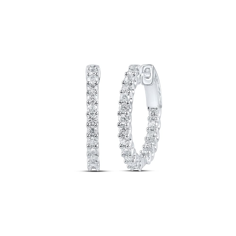 10K White Gold Diamond Inside Outside Hoop Earrings - 1.5 Carat Total Weight (CTW) - Elegant Everyday & Special Occasion Jewelry for Women