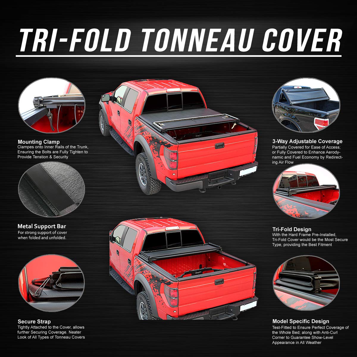 DNA MOTORING Soft Tri-Fold Adjustable Truck Bed Tonneau Cover for 2004-2015 Nissan Titan 6'7