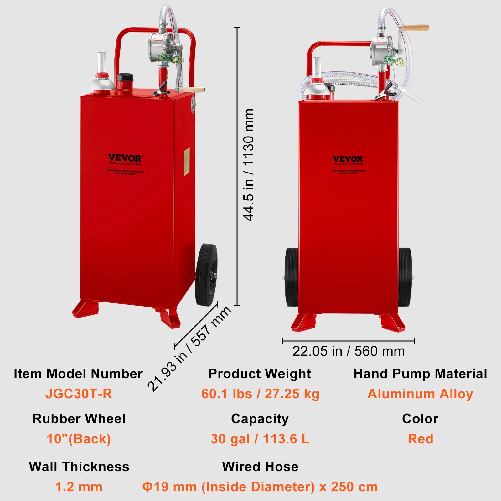 VEVOR 30 Gallon Portable Fuel Caddy with Manual Pump - Gas & Diesel Storage Tank on Wheels for Cars, Lawn Mowers, ATVs, Boats - Ideal for Home, Farm & Outdoor Use
