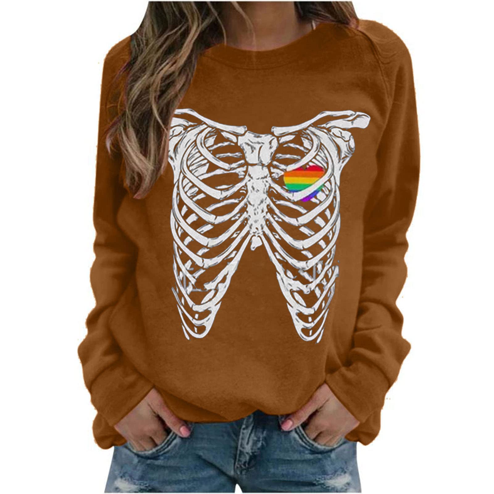 Funny Halloween Tops for Women - Skeleton Rose Graphic Printed Long Sleeve Crew Neck Loose Fit Blouse | Fall Outfits & Halloween Costume Party Wear