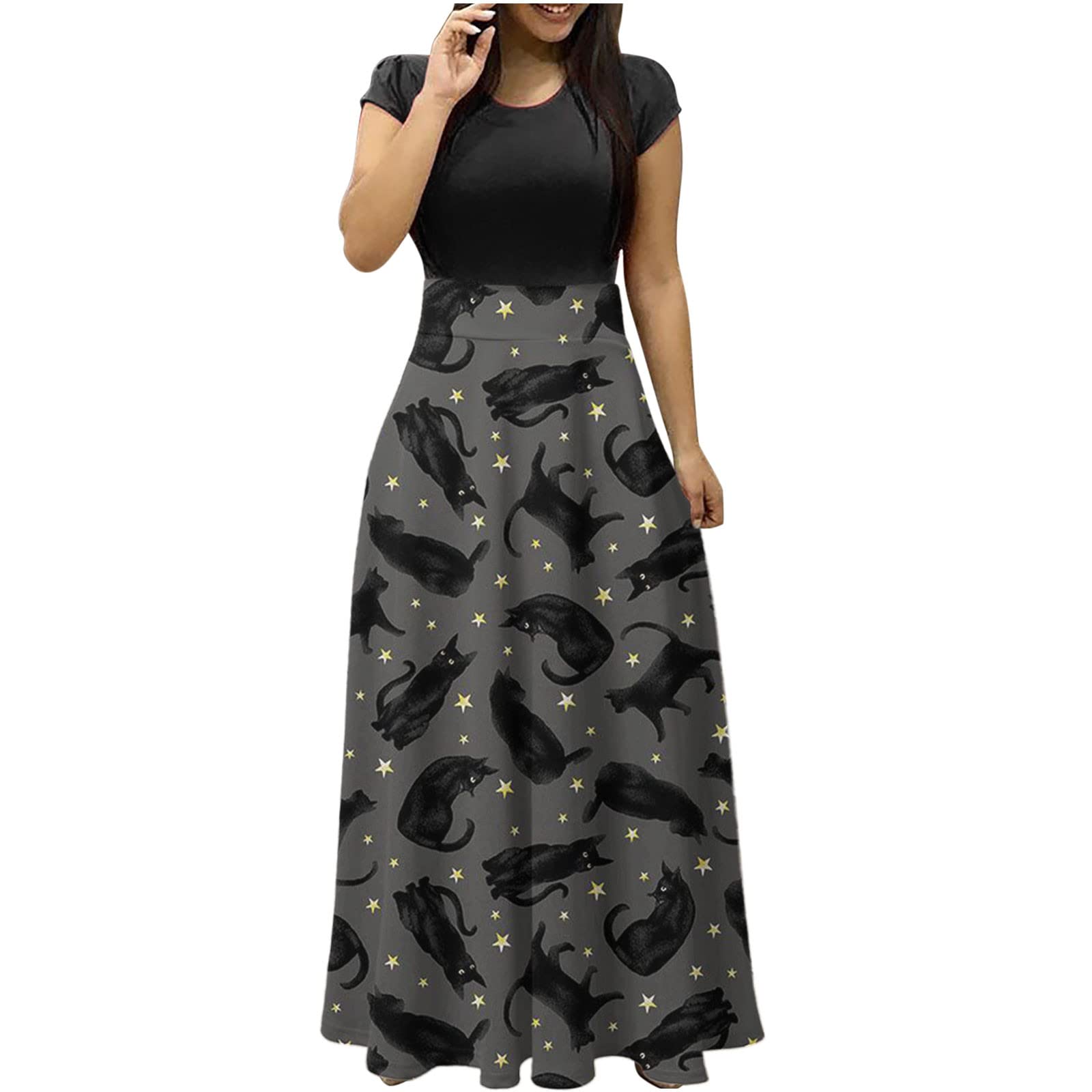 Women's Casual Patchwork Print Shirt Dress - Long Sleeveless O-Neck Sundress for Beach, Halloween, Summer Outfits & Vacation Wear