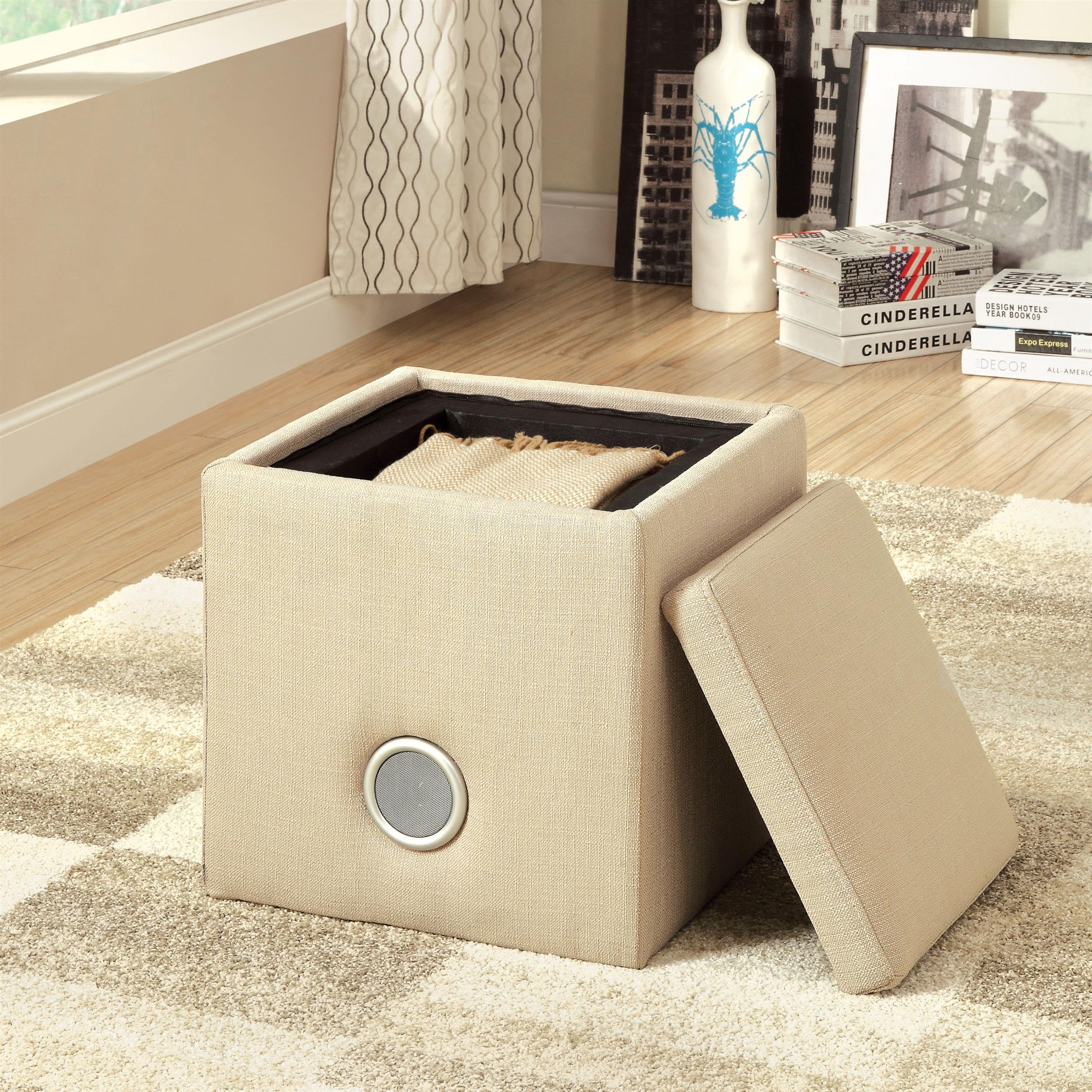Furniture of America Uptempo Padded Flax Storage Ottoman with Built-in Bluetooth Speaker - Ivory | Modern Living Room Furniture with Hidden Storage & Wireless Audio | Perfect for Home Theater, Bedroom & Small Space Organization
