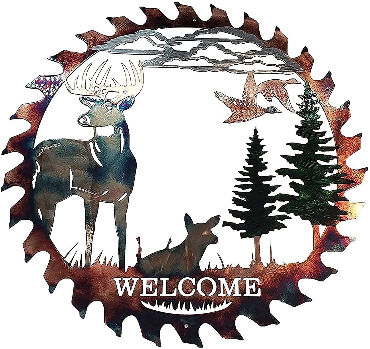 Kikioo 3D Elk Metal Wall Art Decor - Circular Sawblade Welcome Sign, Garden Silhouette Sculpture for Indoor & Outdoor Use - Perfect for Living Room, Patio, Cabin, and Forest-Themed Home Decor