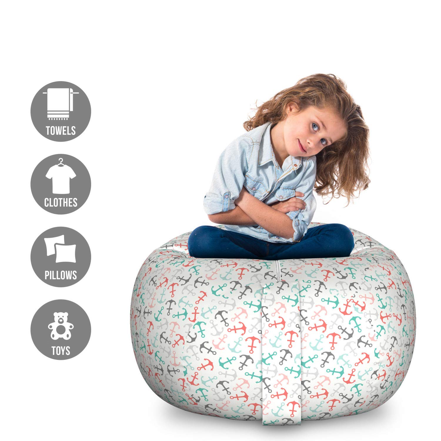 Ambesonne Nautical Anchor Toy Storage Bag Chair - Large Washable Organizer for Stuffed Animals, Retro Yachting Sailor Theme with Abstract Adventure Pattern | Perfect for Kids' Rooms, Playrooms & Boat Decor