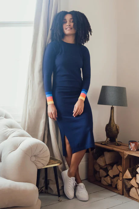 Liselle Knit Dress Navy with Sunset Cuffs - Elegant Casual Wear for Women | Perfect for Office, Date Night & Special Occasions