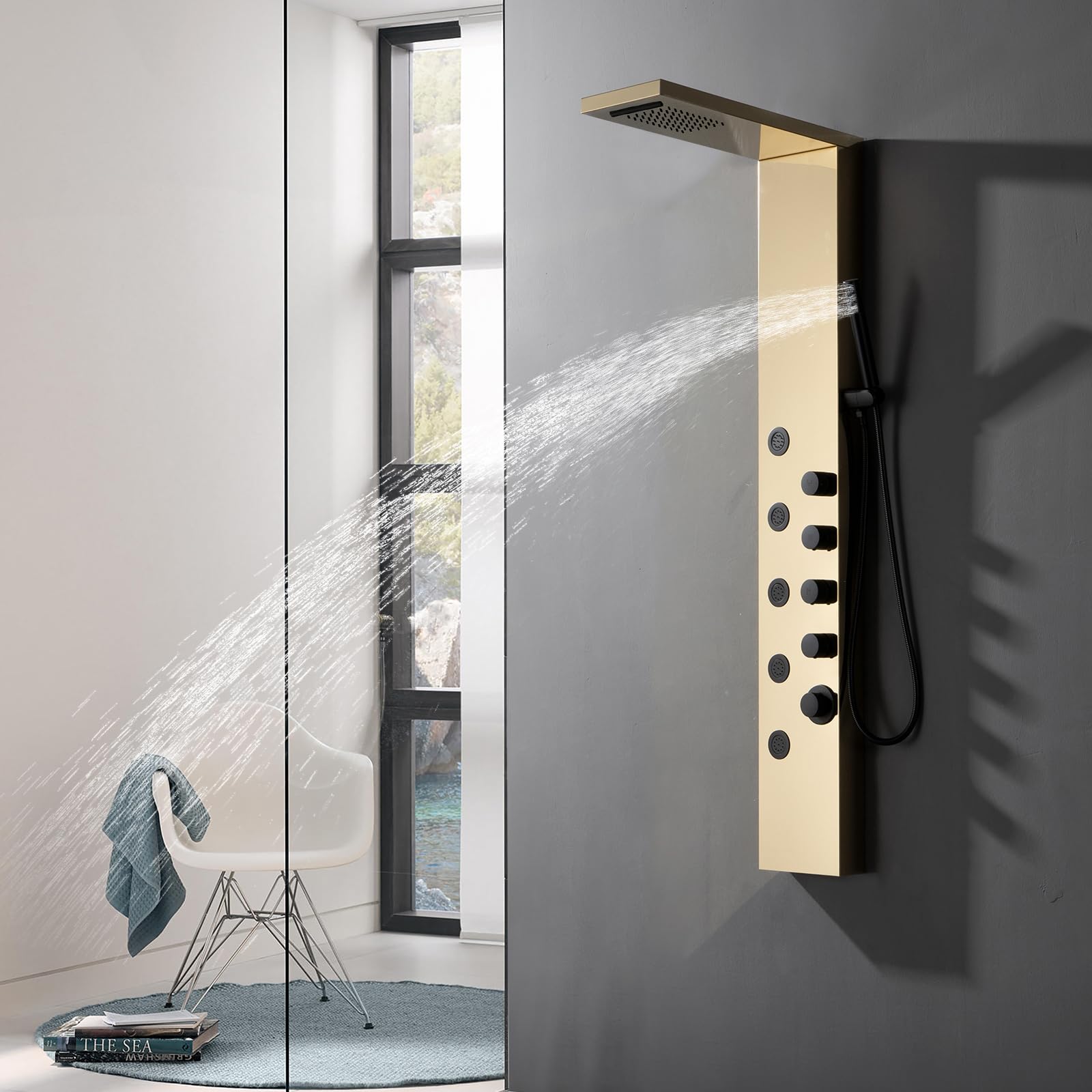 Homevacious Luxury Shower Panel Tower System - Rainfall Shower Head, 5 Body Jets & Handheld Shower | Modern Massage Shower System in Polished Gold & Black | Perfect for Spa-Like Bathroom Renovation & Relaxing Shower Experience