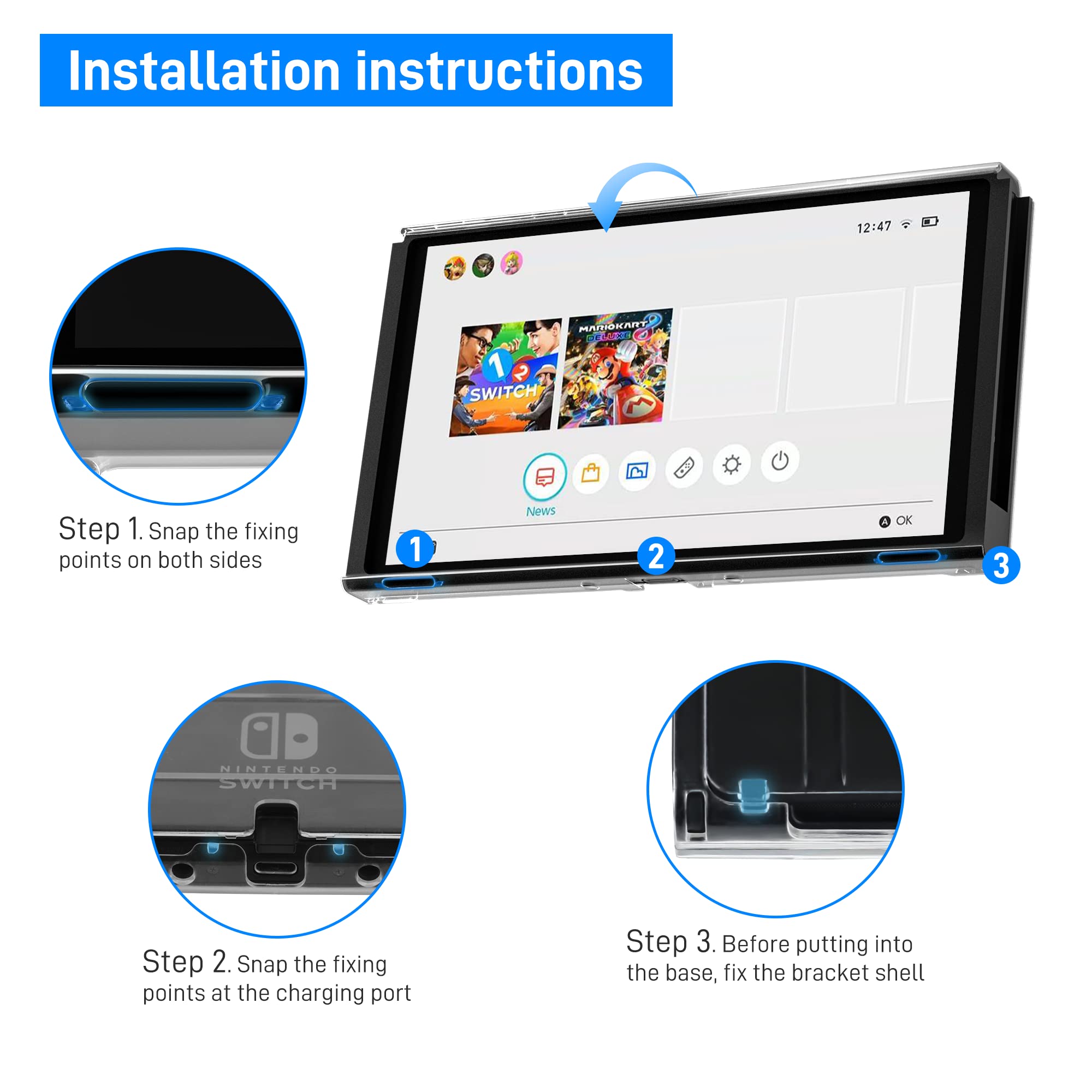 RHOTALL 3 in 1 Clear Protective Case for Nintendo Switch OLED - Dockable Transparent Shell with Shock Absorption & Anti-Scratch | Compatible with Switch OLED Console & Joy-Con Controllers | Perfect for Gaming, Travel & Home Entertainment Protection