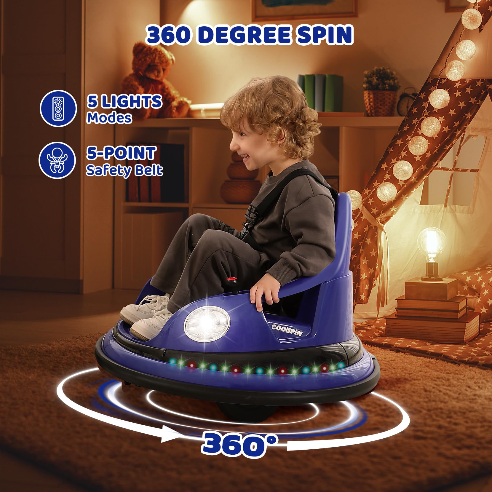 ELEMARA 12V Kids Ride On Bumper Car with Parent Remote Control - 2 Speed, 360° Spin, Music & LED Lights - Electric Toy Car for Toddlers Ages 2-5 - Perfect for Indoor Playrooms, Backyard Fun & Birthday Gifts (Blue)