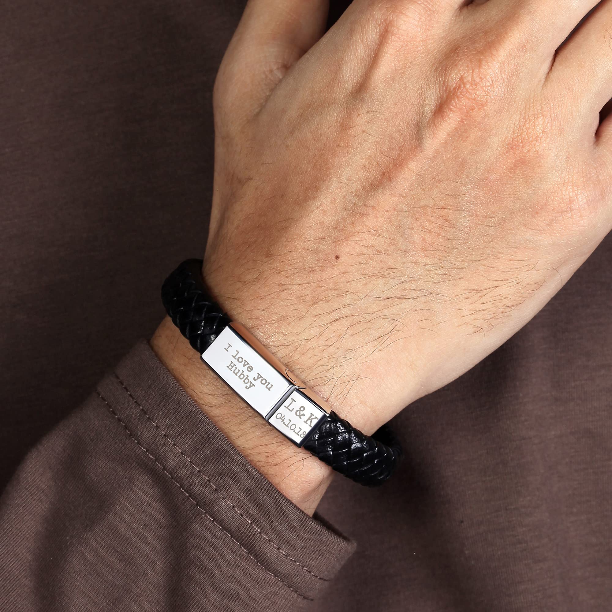 Custom Engraved Leather Bracelet for Men - Personalized Braided Leather Wristband with Message - Unique Christmas Gift for Boyfriend, Husband, Dad - Perfect for Anniversaries, Birthdays & Everyday Wear
