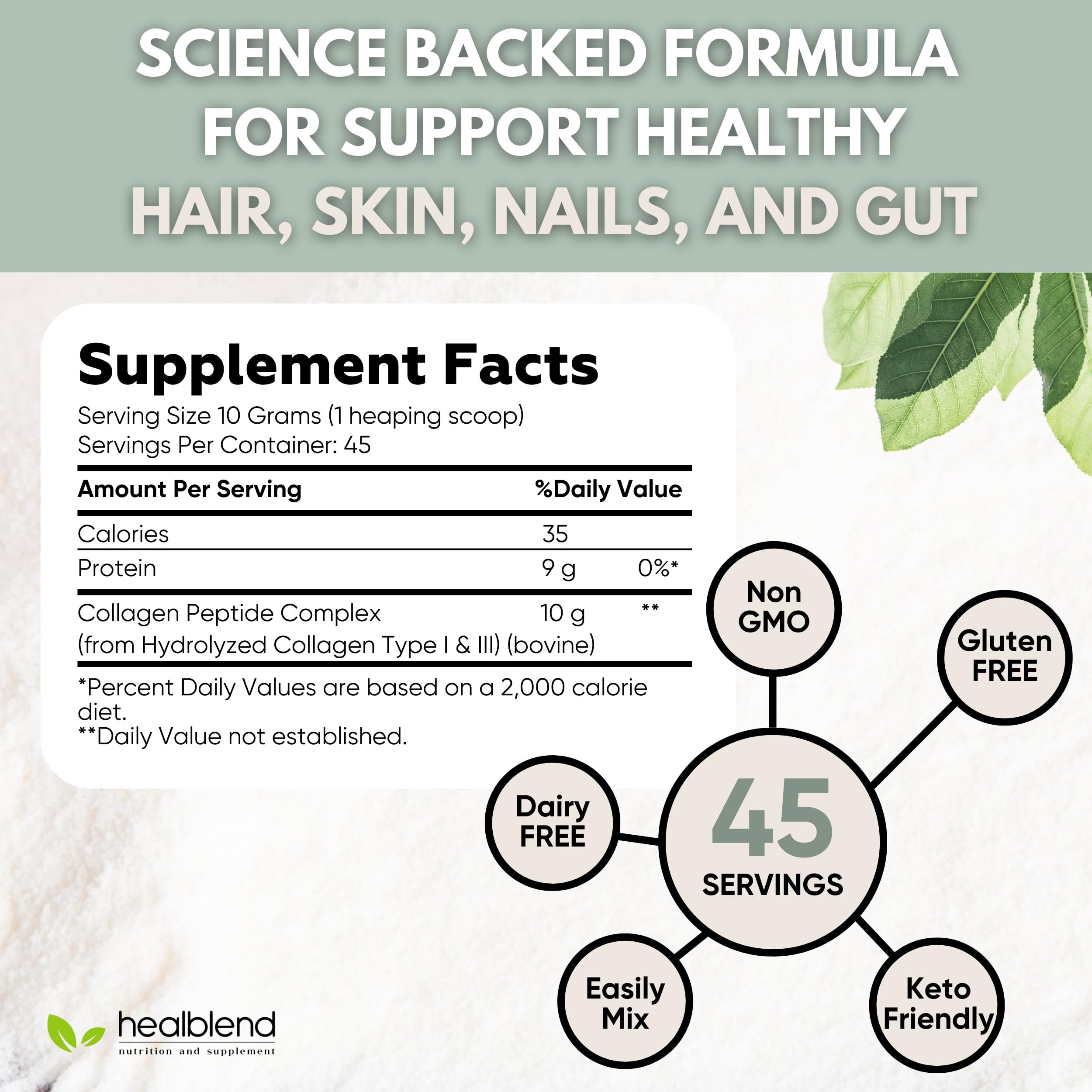 Healblend Hydrolyzed Bovine Collagen Powder - Multi Collagen Peptides Protein Supplement for Hair, Skin & Nail Health - 45 Servings (Perfect for Coffee, Smoothies & Daily Wellness Routine)