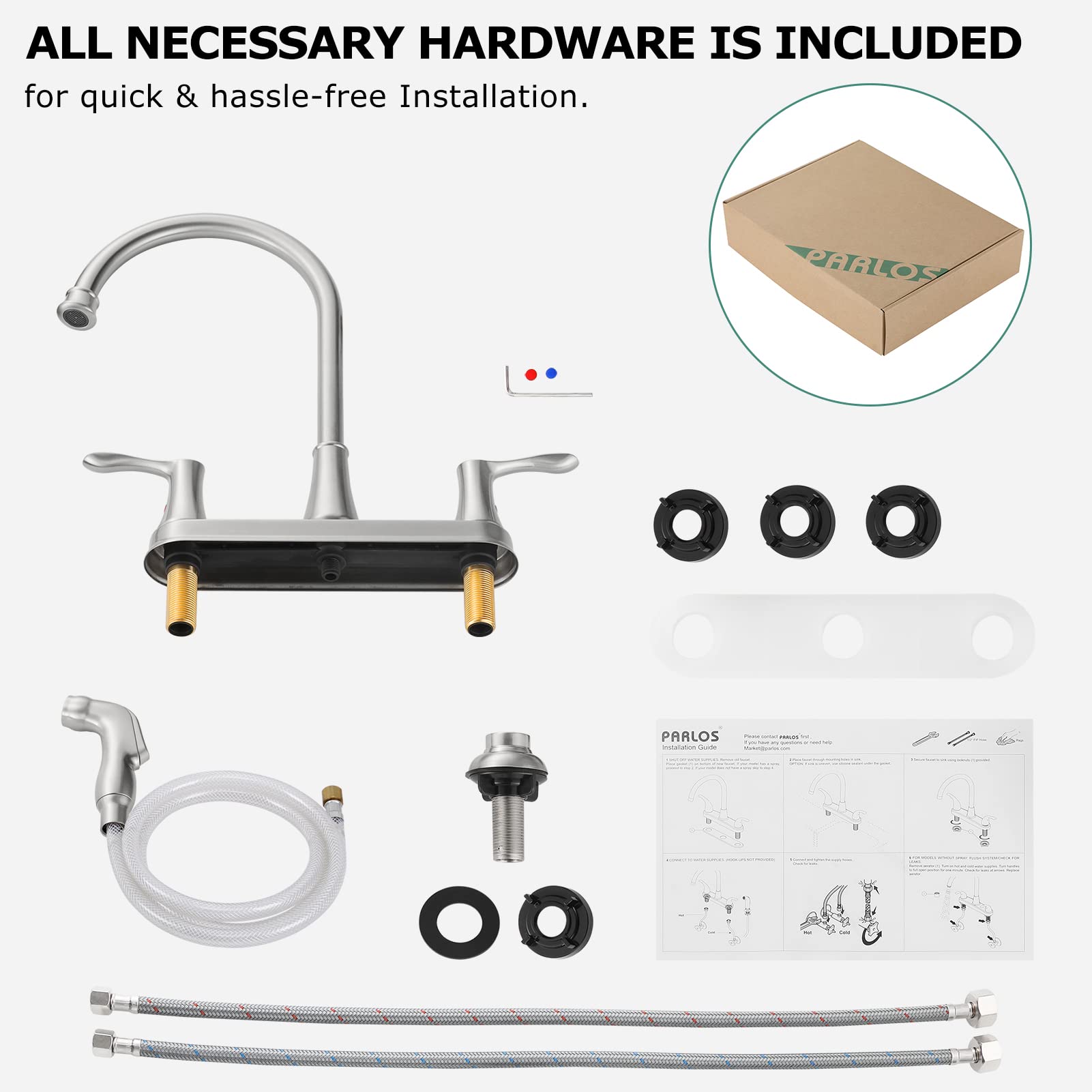 PARLOS 8 Inch Brushed Nickel High Arch Two Handle Kitchen Sink Faucet with Pull Down Side Sprayer & Supply Lines - Perfect for Modern Farmhouse, RV, and Restaurant Kitchen Renovations (Model: Demeter 14138)