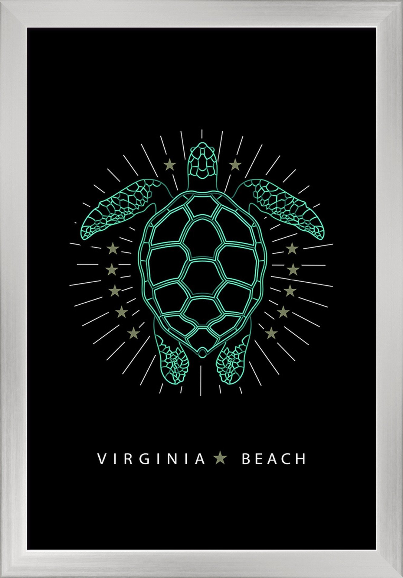 Virginia Beach Neon Turtle Wall Art - 16x24 Giclee Fine Art Print with Recycled Wood Frame in Silver | Coastal Home Decor, Beach House Wall Decor, Ocean Themed Living Room Art
