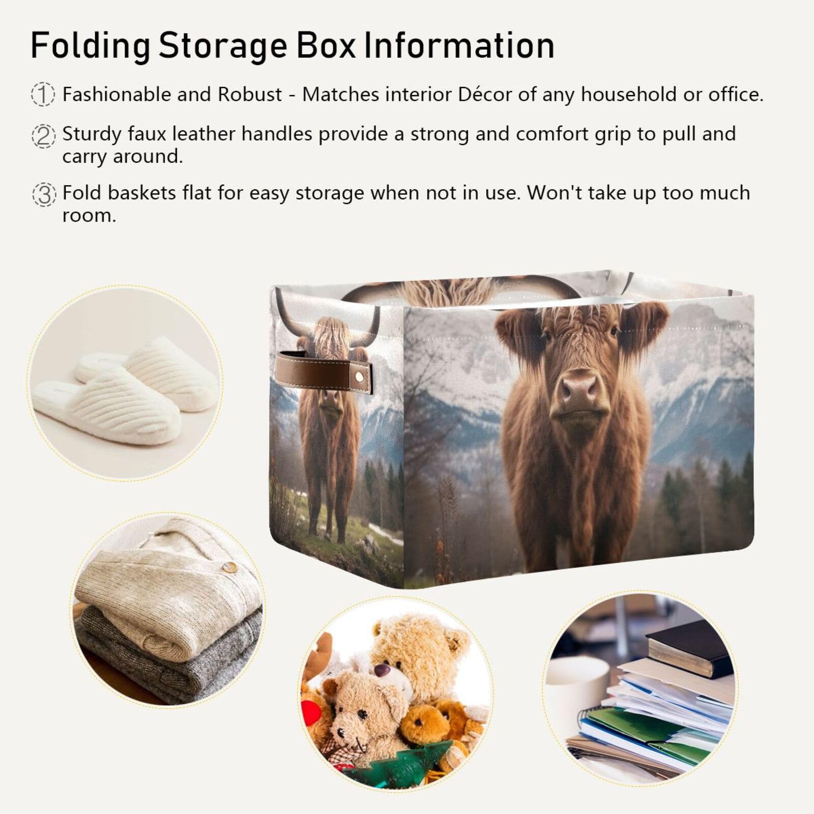 Highland Cows Foldable Storage Baskets - 2 Pack Rectangle Canvas Fabric Organizer Boxes with Handles for Clothes, Home & Office Organization | Perfect for Closet Shelves, Bedroom Decor and Laundry Storage