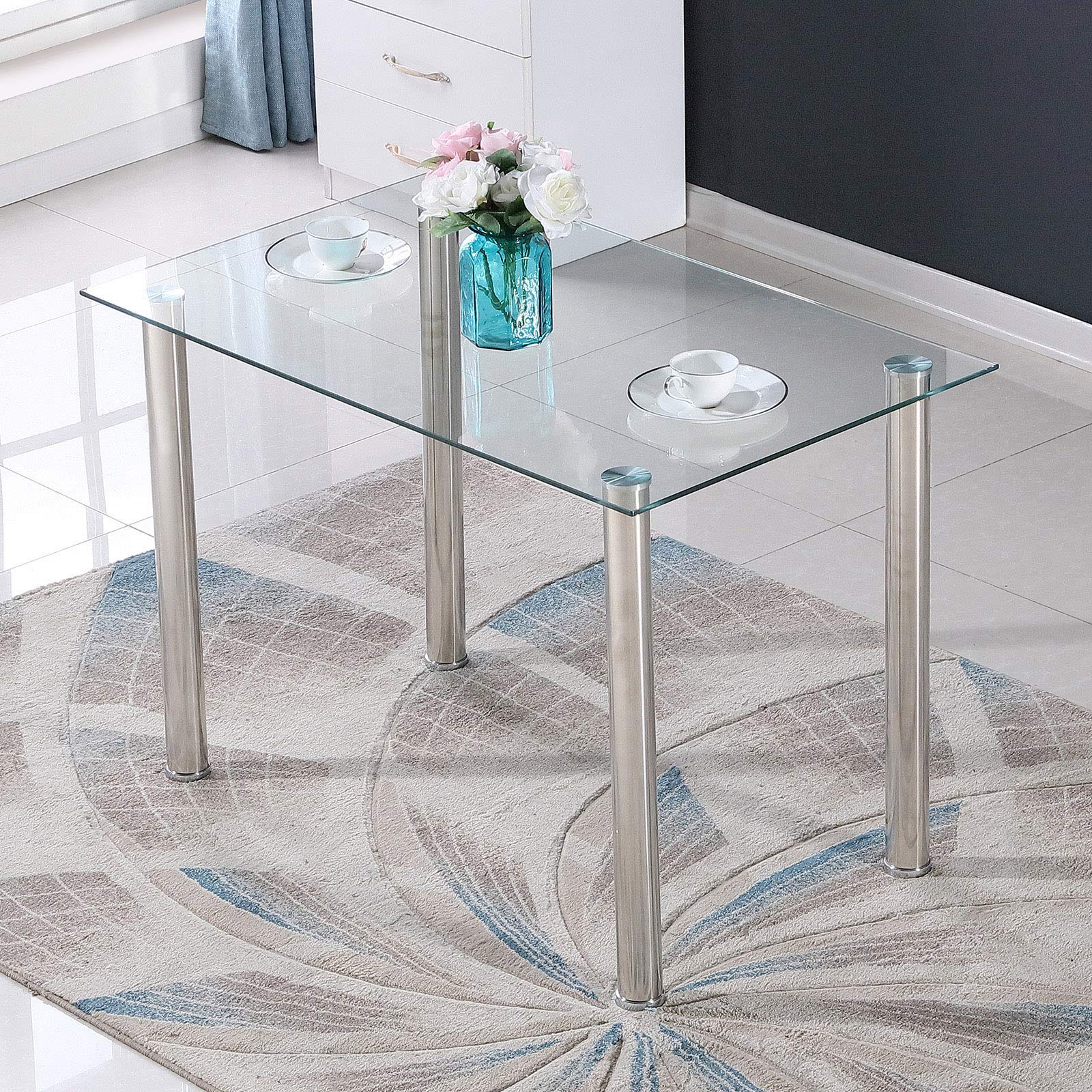 Tempered Glass Dining Table 28x43 Inch - Rust-Resistant Metal Legs, Clear Modern Kitchen Table for Home, Restaurant & Coffee Shop - Perfect for Small Spaces & Indoor Dining