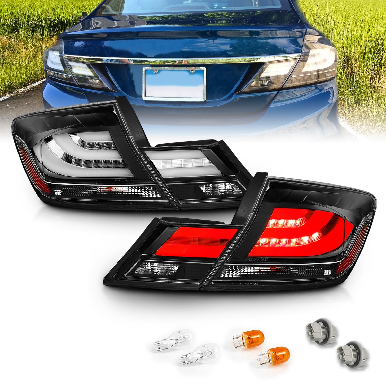 AmeriLite Black LED Bar Replacement Brake Tail Lights Set for 2013-2015 Honda Civic Sedan (4 Door) - Left & Right Side - Enhanced Visibility & Style for Night Driving