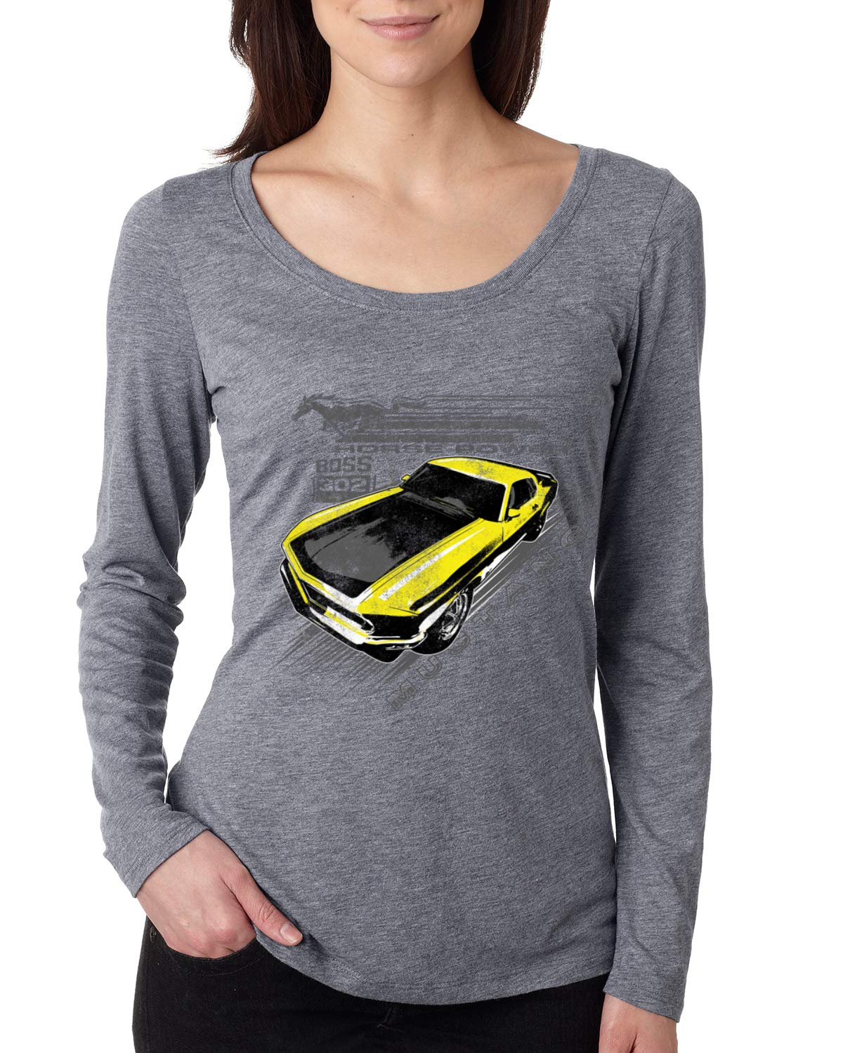 Ford Boss 302 Mustang Retro Muscle Car Women's Long Sleeve Scoop Neck T-Shirt - Vintage Racing Style Top for Car Enthusiasts & Casual Wear
