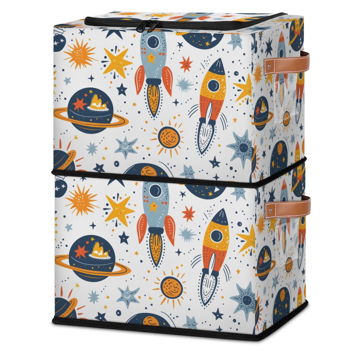 Bright Rocket Storage Boxes with Sturdy Handles - 2 Pack Zippered Storage Bins for Clothes, Toys & Home Organization - Durable Fabric Storage Baskets with Zipper Lid for Bedroom, Closet & Nursery Organization