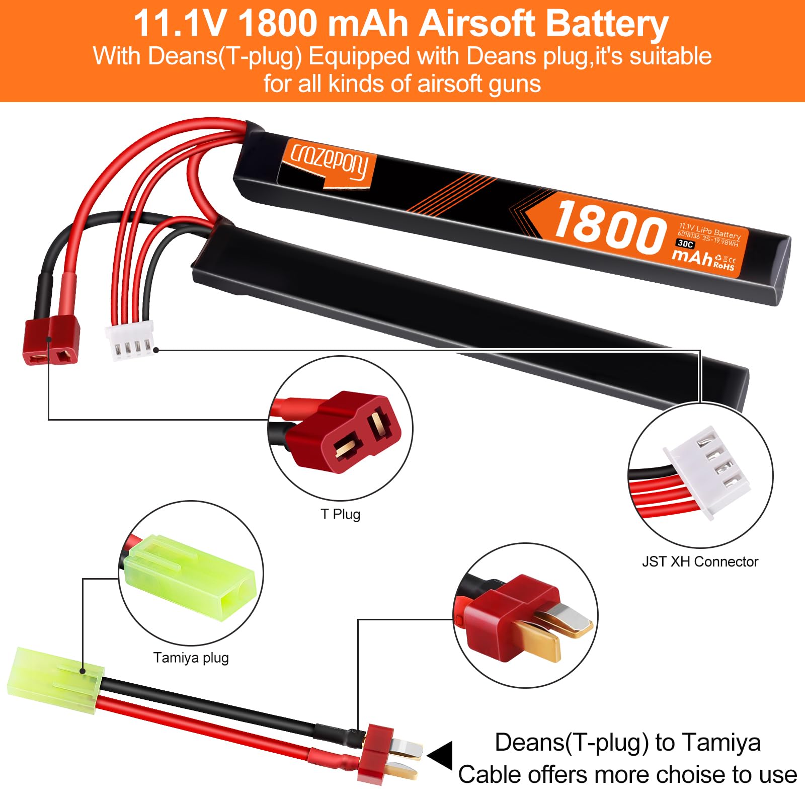 Crazepony 11.1V 1800mAh 3S LiPo Battery with Deans T Plug to Mini Tamiya Adapter Cable - Perfect for RC Cars, Drones, and Remote Control Vehicles