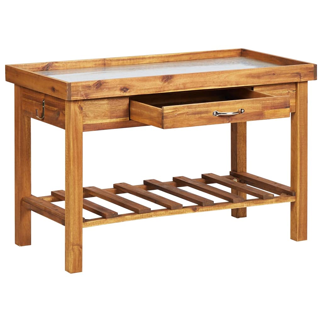 CHARMMA Heavy Duty Garden Work Bench with Zinc Top - Solid Acacia Wood Work Table for Outdoor Gardening, Potting, and DIY Projects