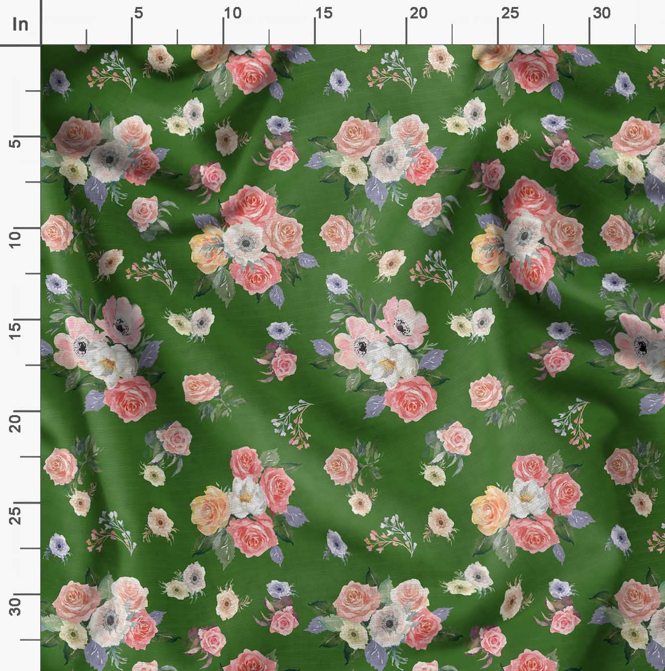 Soimoi Moss Georgette Green Fabric by The Yard - 42 Inch Wide Floral Printed Fabric with Anemone & Roses Botanical Design for DIY Crafts, Dresses, Curtains, Home Decor and Sewing Projects