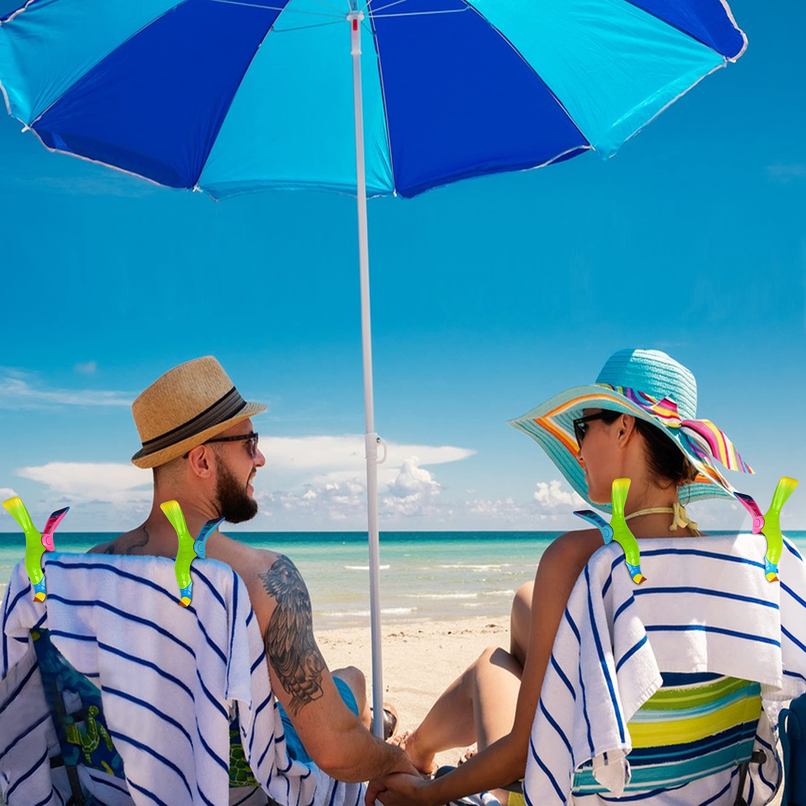 Kaluofan 4PCS Strong Parrot-Shaped Beach Towel Clips for Chairs - Vivid Blue & Pink - Perfect for Poolside, Beach, and Outdoor Relaxation