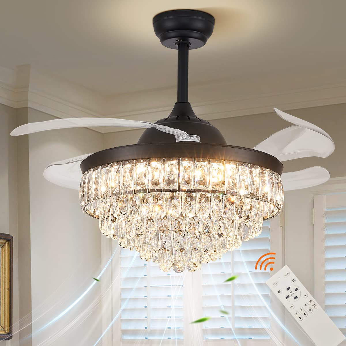 CLAIRDAI 42'' Dimmable Crystal Chandelier Ceiling Fan with Remote - 6 Speed Adjustable Retractable Blades, 3 Color Temperature LED Lights - Perfect for Bedroom, Living Room & Dining Room Lighting