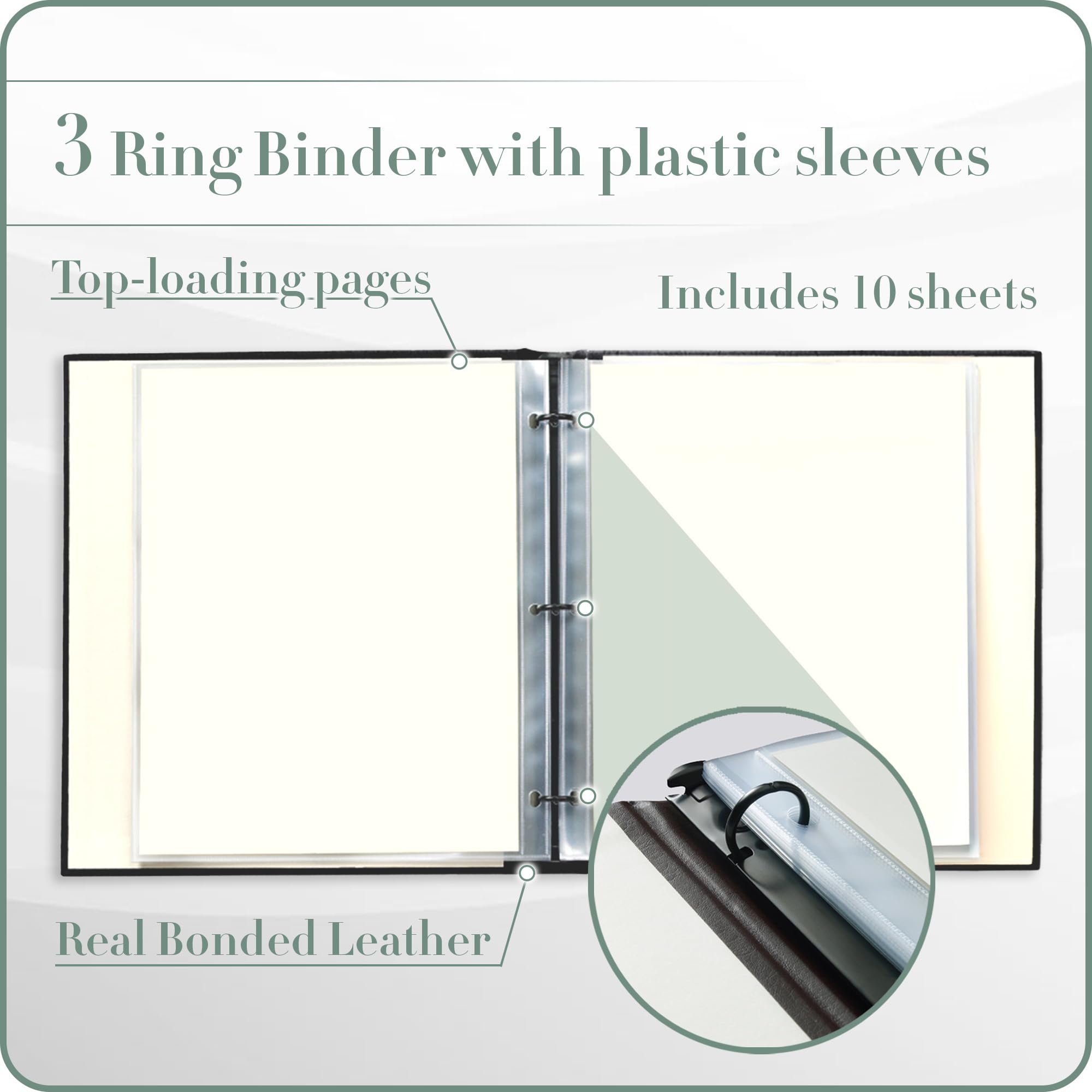 Gallery Leather 3-Ring Binder with Plastic Sleeves - Includes 10 Sheet Protectors (8.5