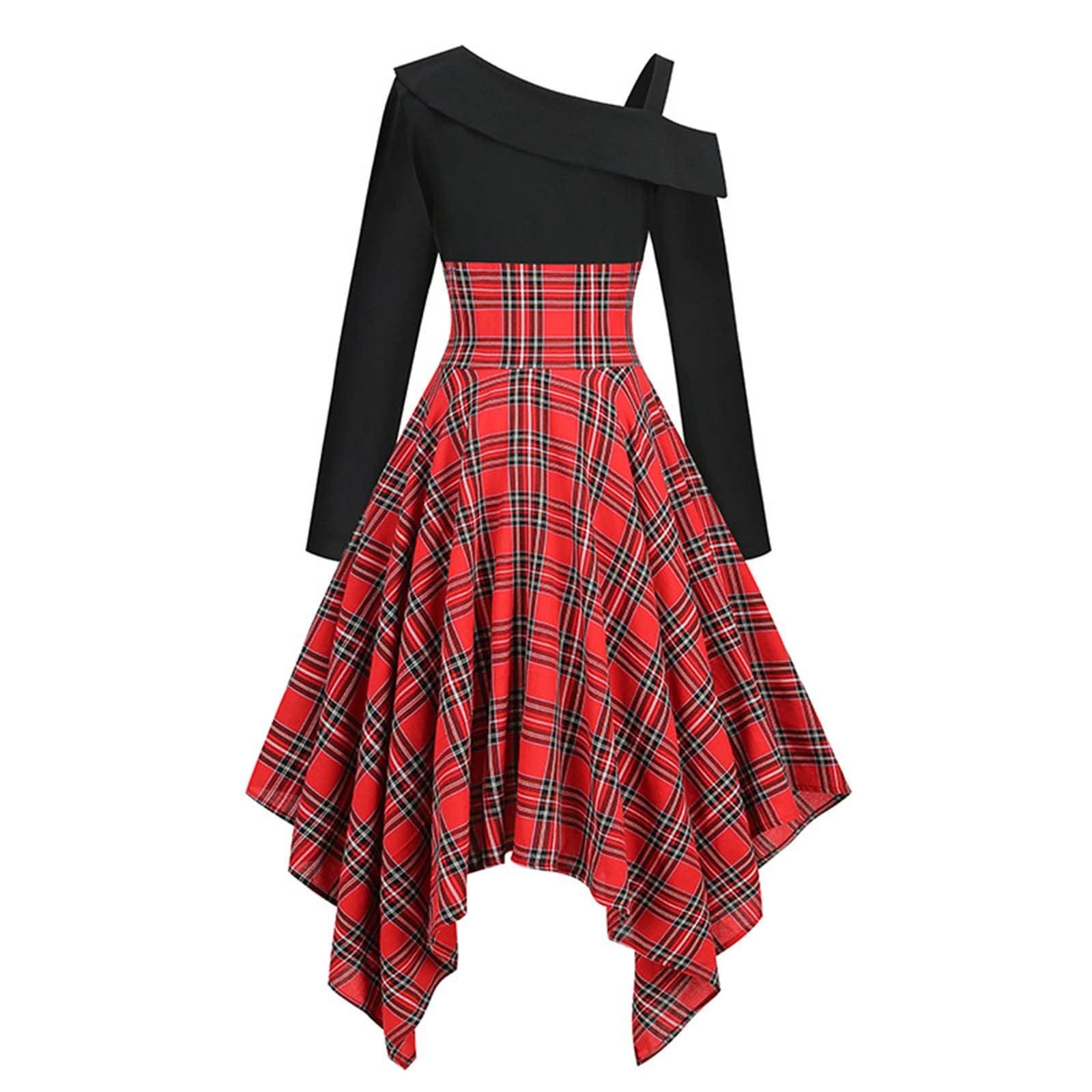 Gothic Women's Long Sleeve Cold Shoulder Plaid Dress - Halloween Party, Prom, Formal Occasions & Gothic Fashion Outfits