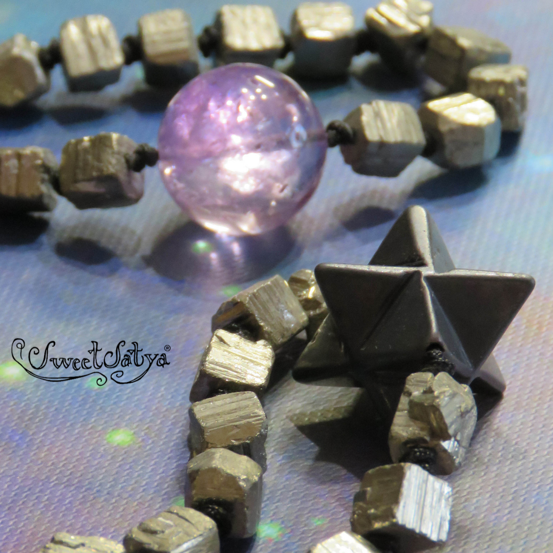 Natural Amethyst and Pyrite Mala Beads - 108 Healing Meditation Prayer Beads for Yoga, Chakra Balancing & Spiritual Protection