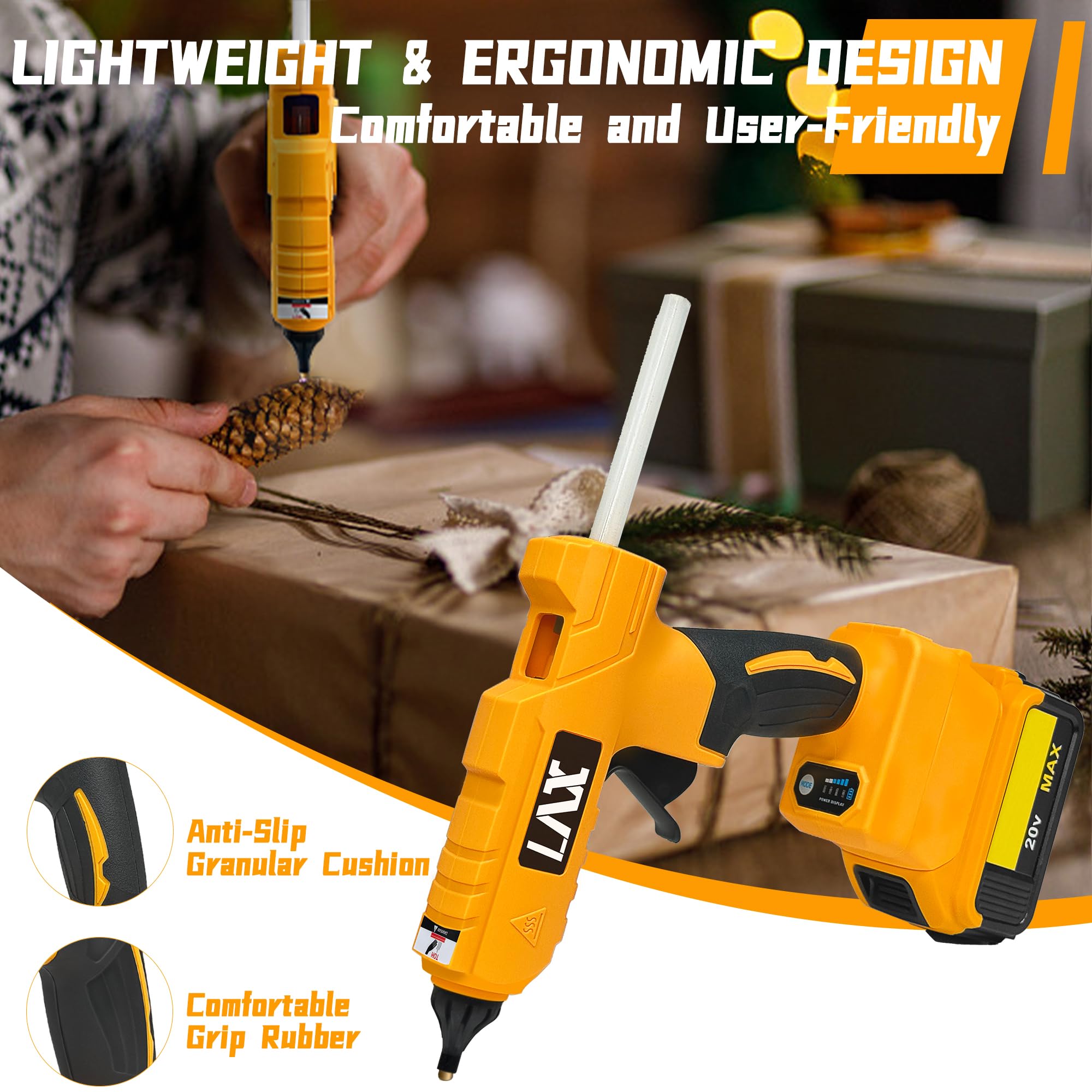 **20V Cordless Hot Glue Gun for Dewalt Battery - 100W Fast Heating Mini Glue Gun Kit with 20 Glue Sticks - Perfect for DIY Crafts, Home Repairs & Quick Fixes (Battery Not Included)**    *(Use Cases: Ideal for crafting, woodworking, home repairs, holiday decorations, school projects, and quick fixes on the go.)*