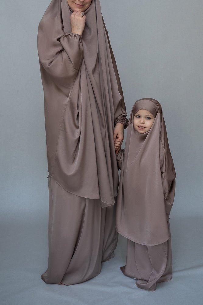 Light Khaki Mommy and Me Prayer Khimar - Magaan Kids Prayer Gown for Girls | Islamic Modest Dress for Prayer, Mosque & Special Occasions