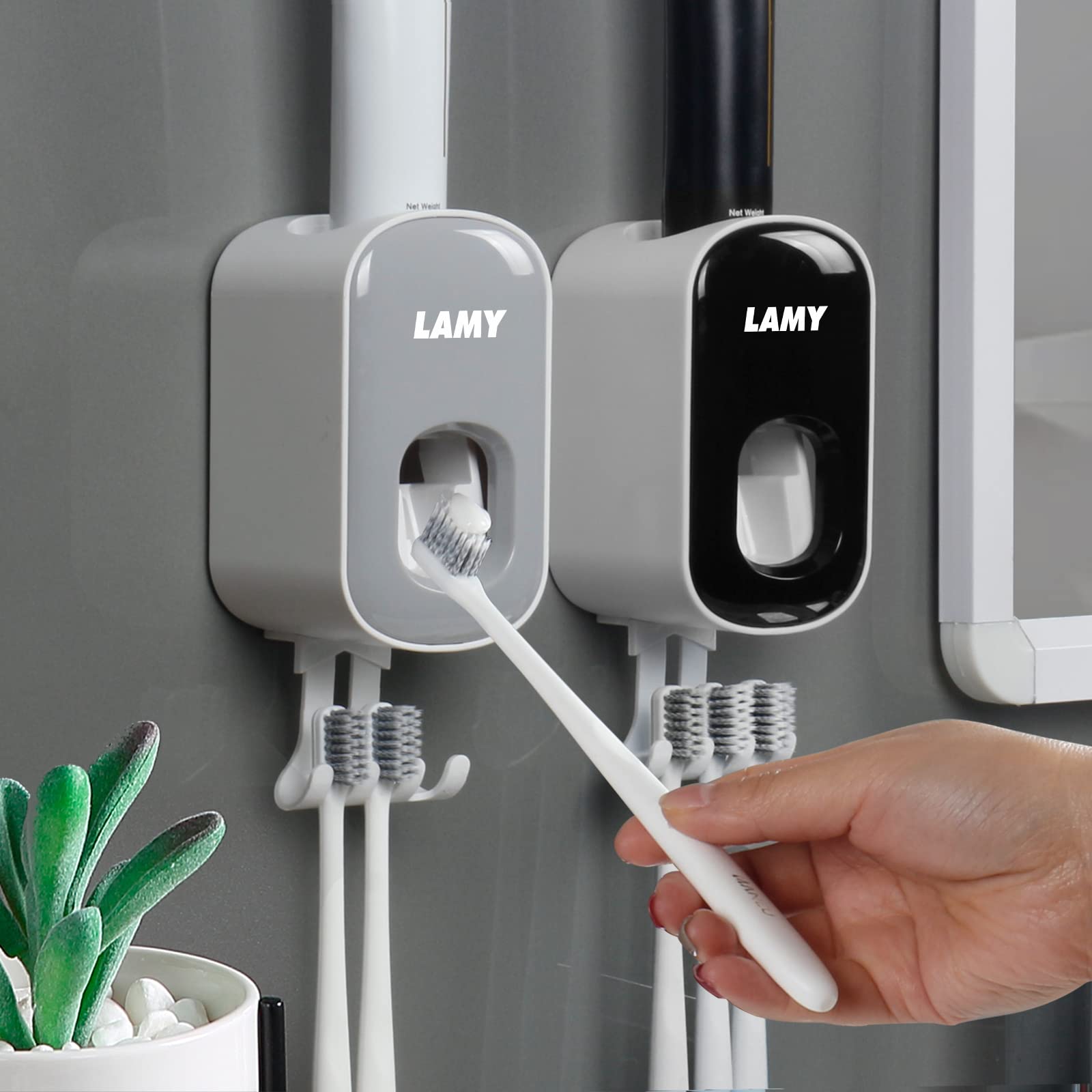 LAMY Toothpaste Dispenser & Toothbrush Holder Set - 2 PCS Wall Mounted Bathroom Organizer for Countertop Storage | Perfect for Small Bathrooms, Apartments, and Dorm Rooms